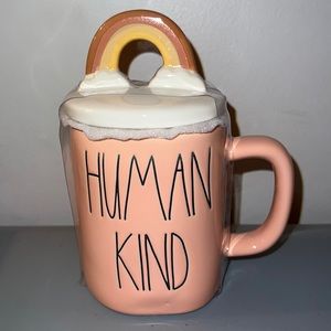 RAE  DUNN HUMAN KIND COFFEE MUG WITH RAINBOW TOPPER